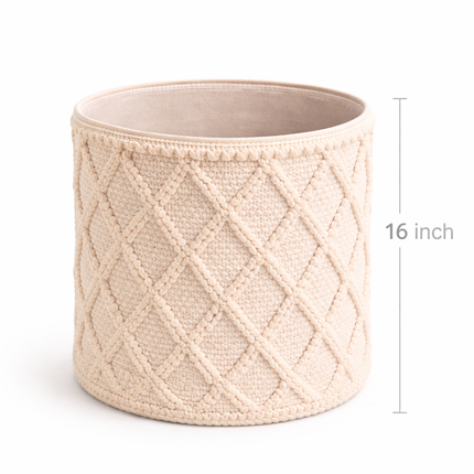 Boho Cotton Rope Laundry Basket with Textured Diamond Pattern – Neutral Woven Storage Bin for Home Organization