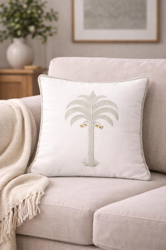 Embroidered Palm Tree Cushion Cover Set of 2 – Neutral Cotton Decorative Throw Pillow Cover with Coastal Boho Design