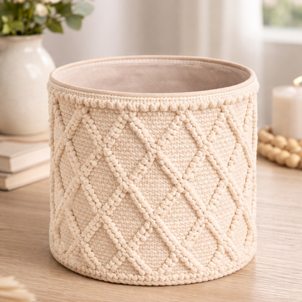 Boho Cotton Rope Laundry Basket with Textured Diamond Pattern – Neutral Woven Storage Bin for Home Organization