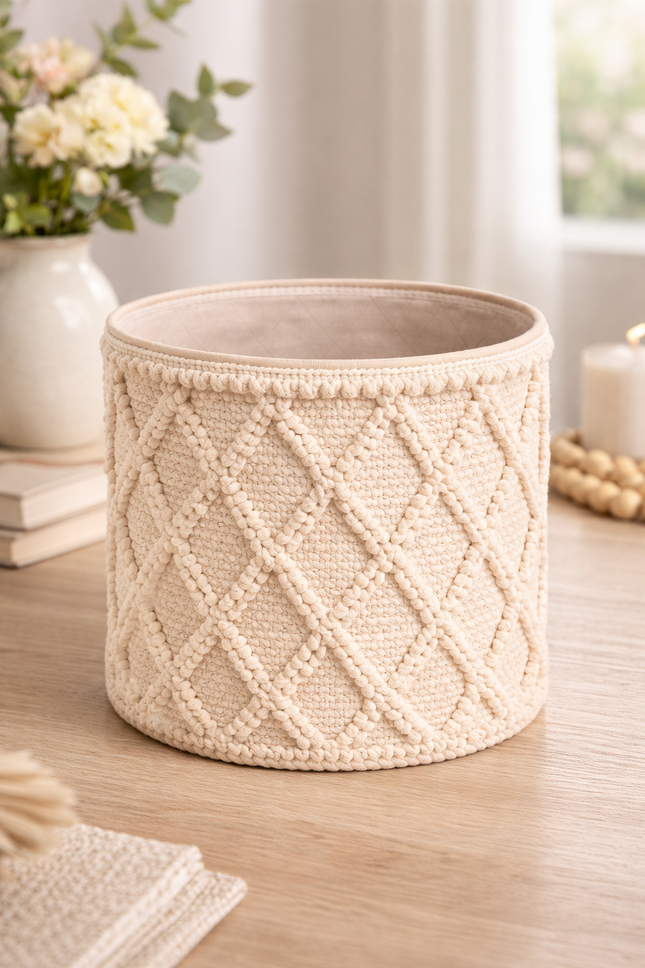 Boho Cotton Rope Laundry Basket with Textured Diamond Pattern – Neutral Woven Storage Bin for Home Organization