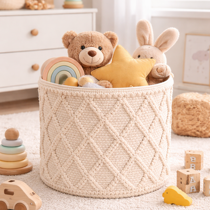 Boho Cotton Rope Laundry Basket with Textured Diamond Pattern – Neutral Woven Storage Bin for Home Organization