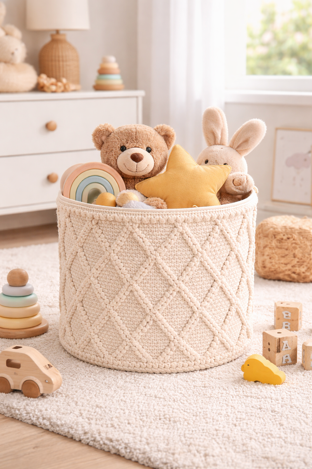 Boho Cotton Rope Laundry Basket with Textured Diamond Pattern – Neutral Woven Storage Bin for Home Organization