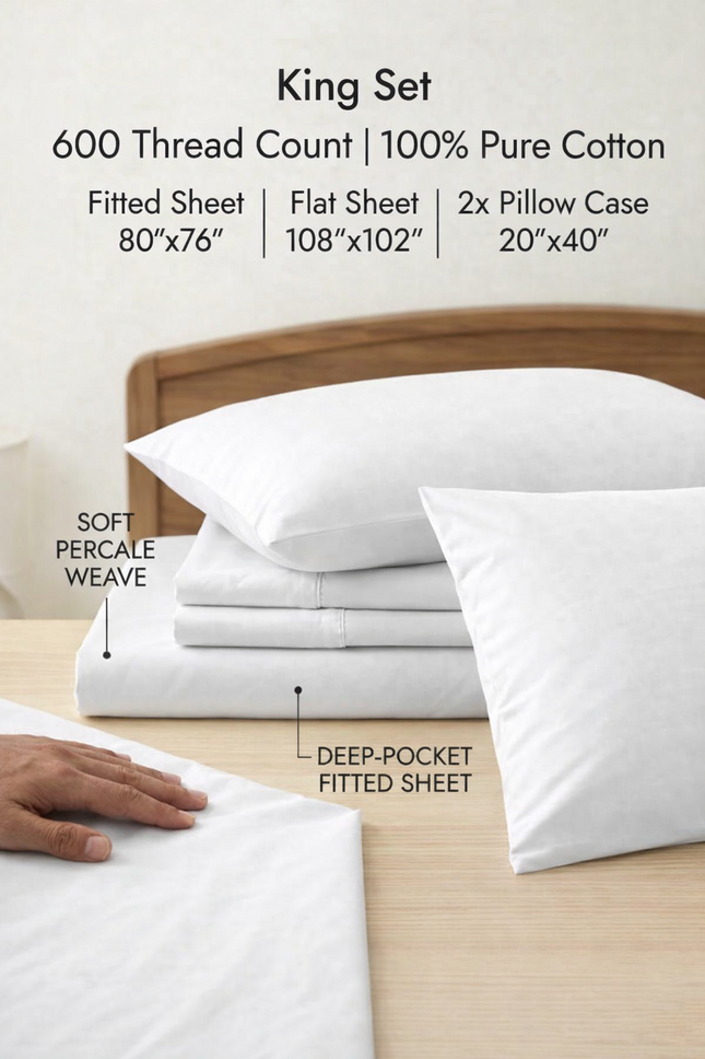 Hotel Luxury 600 TC 100% Cotton Bedsheet Set – Ultra Soft, Breathable & Premium White Bedding (4 Piece Set)