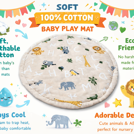100% Cotton Baby Play Mat – Soft Round Infant Floor Mat with Animal & Alphabet Design | Eco-Friendly, Breathable, Non-Toxic Playmat for Tummy Time, Crawling & Nursery Decor