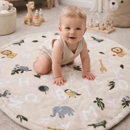100% Cotton Baby Play Mat – Soft Round Infant Floor Mat with Animal & Alphabet Design | Eco-Friendly, Breathable, Non-Toxic Playmat for Tummy Time, Crawling & Nursery Decor