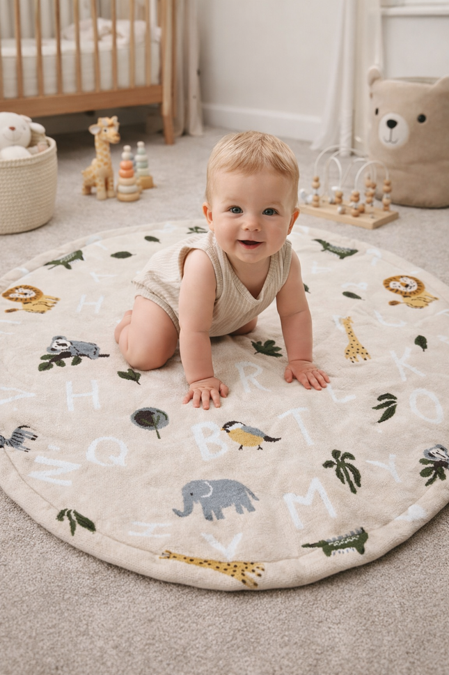 100% Cotton Baby Play Mat – Soft Round Infant Floor Mat with Animal & Alphabet Design | Eco-Friendly, Breathable, Non-Toxic Playmat for Tummy Time, Crawling & Nursery Decor